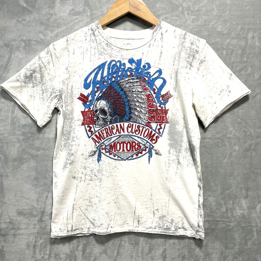 Affliction American Customs Live Fast Indian Skull White M Shirt Distressed Y2K